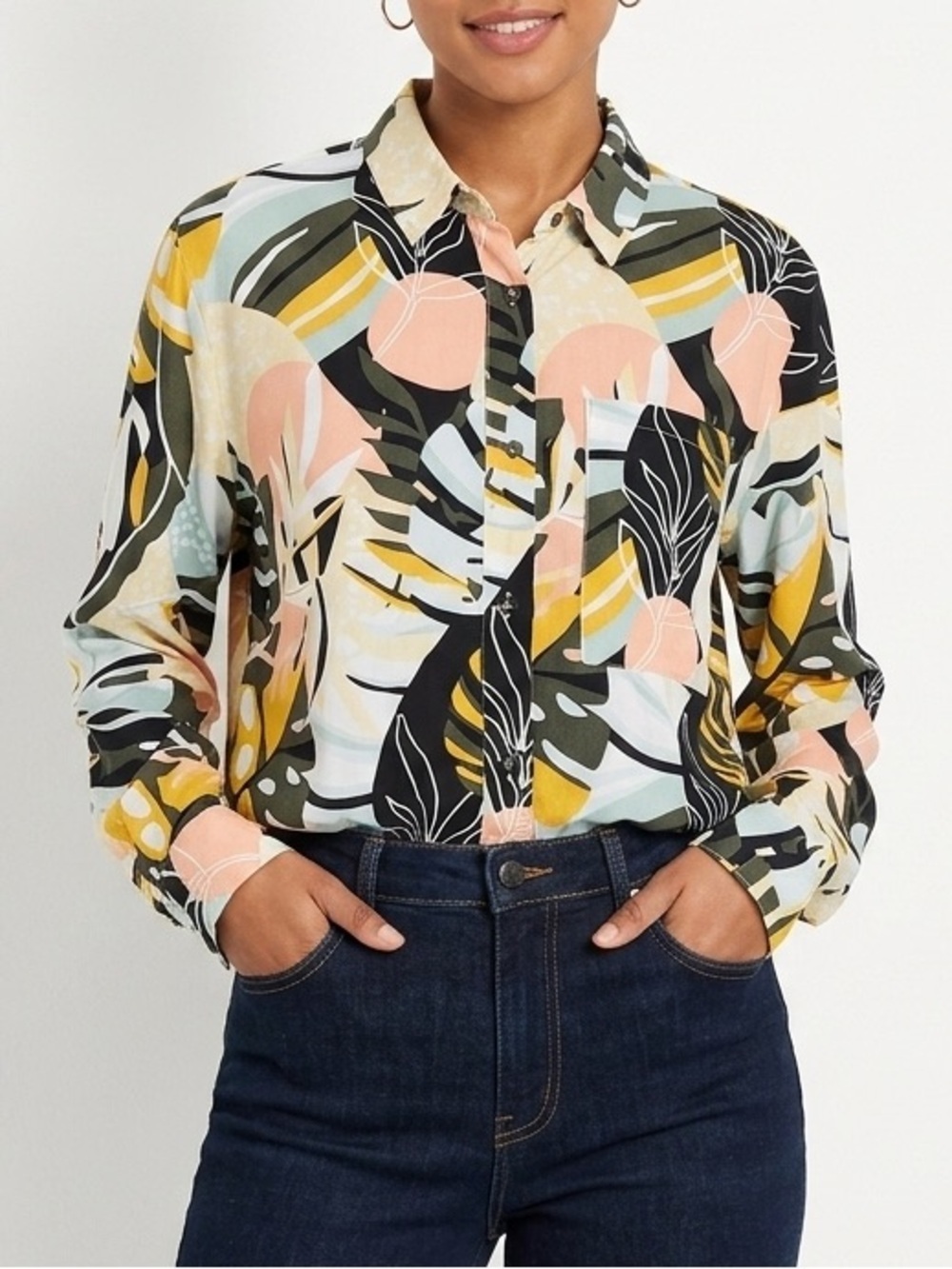 NWT Calia Tropical Leaf Rayon Linen Button Up Shirt Size L